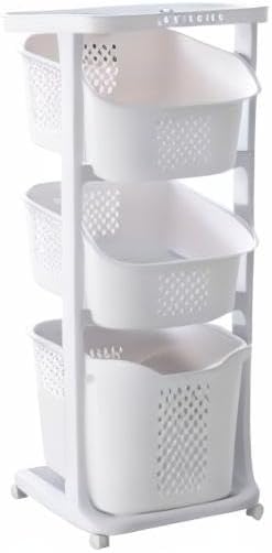 3 Tier Laundry Hamper Basket Plastic Rolling Laundry Cart with Wheels, Multipurpose Laundry Sorter Storage Trolley Shelf Basket, Beige