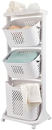 3 Tier Laundry Hamper Basket Plastic Rolling Laundry Cart with Wheels, Multipurpose Laundry Sorter Storage Trolley Shelf Basket, Beige