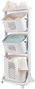 3 Tier Laundry Hamper Basket Plastic Rolling Laundry Cart with Wheels, Multipurpose Laundry Sorter Storage Trolley Shelf Basket, Beige
