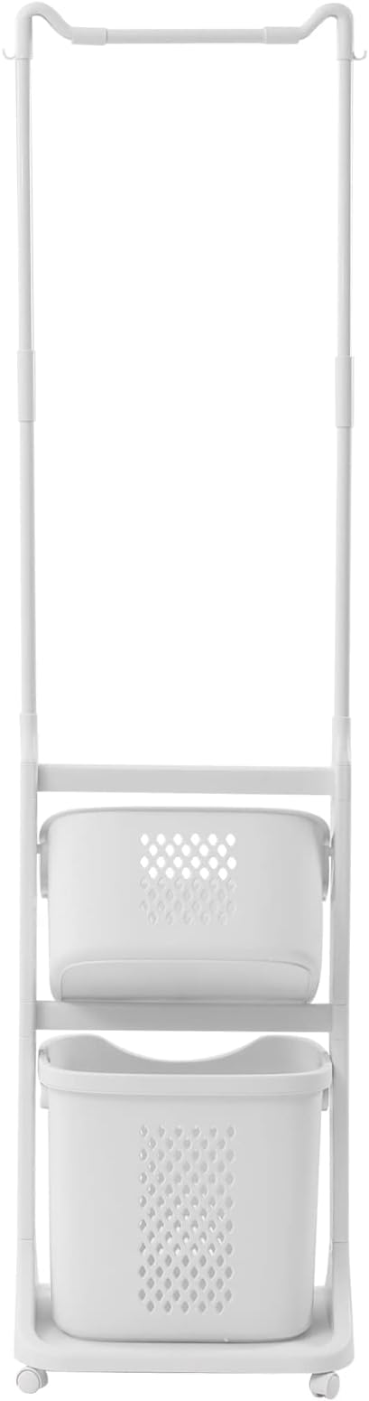 TFCFL Rolling Laundry Sorter, 2 Layers Laundry Basket Clothes Storage Cart with Hanging Bar, Storage Organizer Kitchen Shelf Fruit Stand with Rack for Household Bathroom Kitchen Bedroom (White)