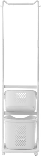 TFCFL Rolling Laundry Sorter, 2 Layers Laundry Basket Clothes Storage Cart with Hanging Bar, Storage Organizer Kitchen Shelf Fruit Stand with Rack for Household Bathroom Kitchen Bedroom (White)