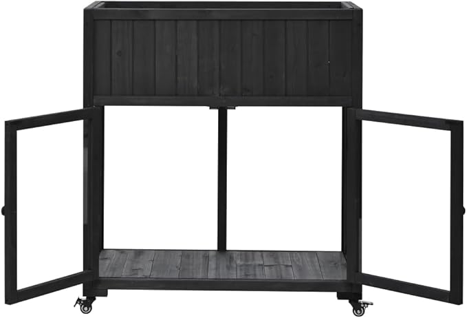 Patio 35.4''x17.7''x37.4'' Mini Wood Cold Frame, Compact 2 Doors Garden Greenhouse with Wheels, Raised Bed with Liner for Indoor Outdoor Use (Black)