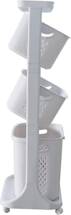 3 Tier Laundry Hamper Basket Plastic Rolling Laundry Cart with Wheels, Multipurpose Laundry Sorter Storage Trolley Shelf Basket, Beige