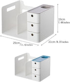 White Plastic Desktop Organizer with File slots,3-tier Drawers with Pen Holder,Book Stand for Office Supplies and Desk Accessories (White+Grey)