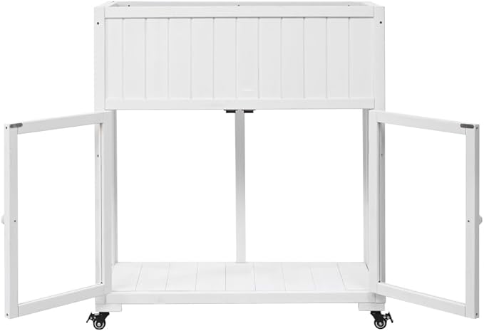 Patio 35.4''x17.7''x37.4'' Mini Wood Cold Frame, Compact 2 Doors Garden Greenhouse with Wheels, Raised Bed with Liner for Indoor Outdoor Use (White)