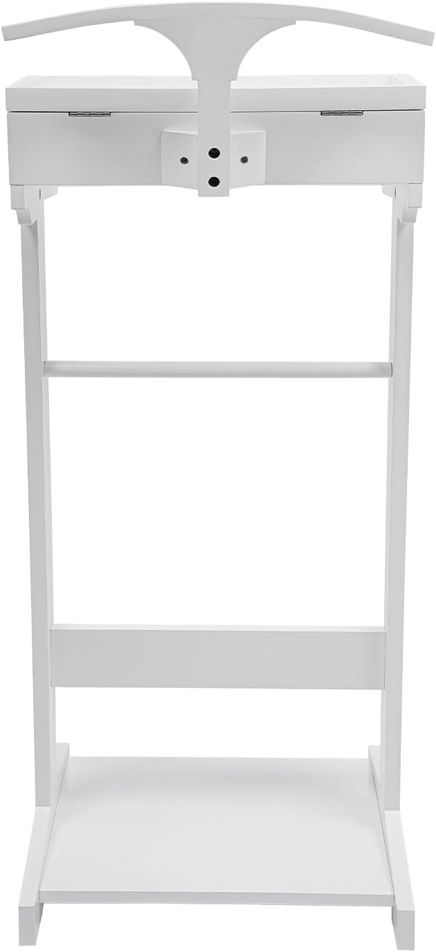 Wood Suit Rack Valet Stand for Men and Women, Freestanding Clothing Rack Organizer with Drawer & Base Vertical Suit Valet Stand for Hats, Bags, Clothes 22 lbs Capacity (White)