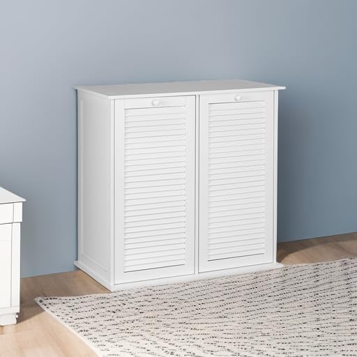 Household Essentials Tilt-Out Laundry Sorter Cabinet with Shutter Front, White, White Wood Shutter
