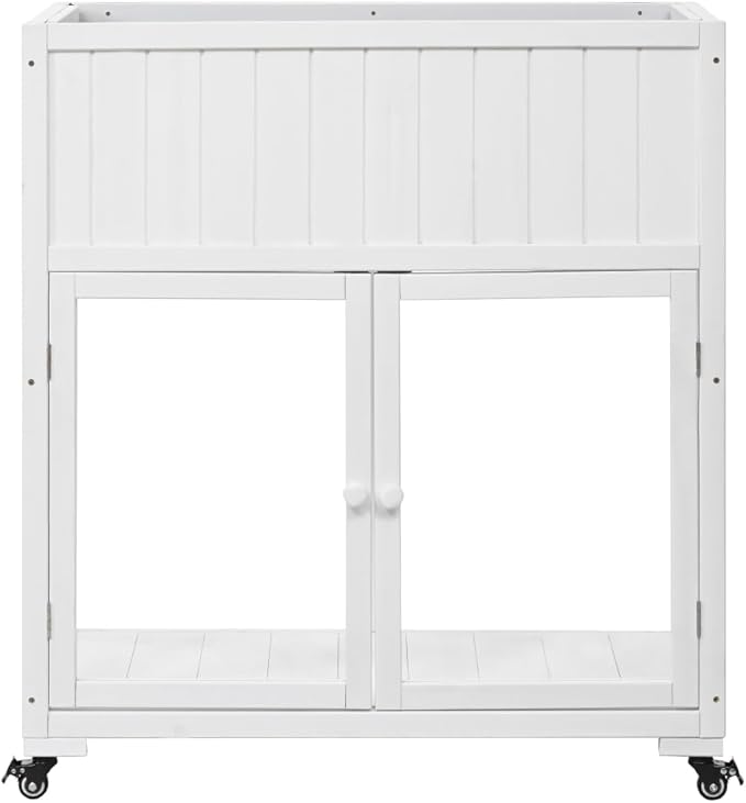 Patio 35.4''x17.7''x37.4'' Mini Wood Cold Frame, Compact 2 Doors Garden Greenhouse with Wheels, Raised Bed with Liner for Indoor Outdoor Use (White)