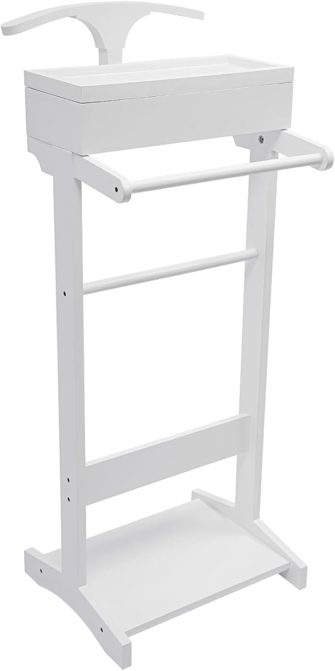Wood Suit Rack Valet Stand for Men and Women, Freestanding Clothing Rack Organizer with Drawer & Base Vertical Suit Valet Stand for Hats, Bags, Clothes 22 lbs Capacity (White)