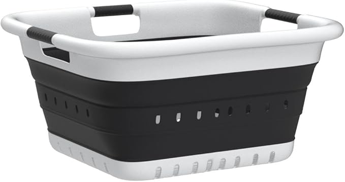 SAMMART 41L Collapsible 3 Handled Plastic Laundry Basket - Foldable Pop Up Storage Container/Organizer - Portable Basket - Space Saving Hamper/Basket (3 handled rectangular, White/Black)