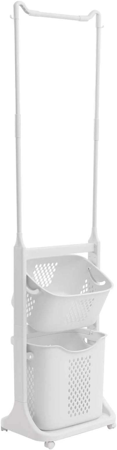 Laundry Sorter Cart with Hanging Rack, 2 Section Laundry Hamper Rack Shelf, Multi-layer Rolling Laundry Basket Clothes Storage Shelf Stand with Wheels, for Bathroom Household Kitchen, White