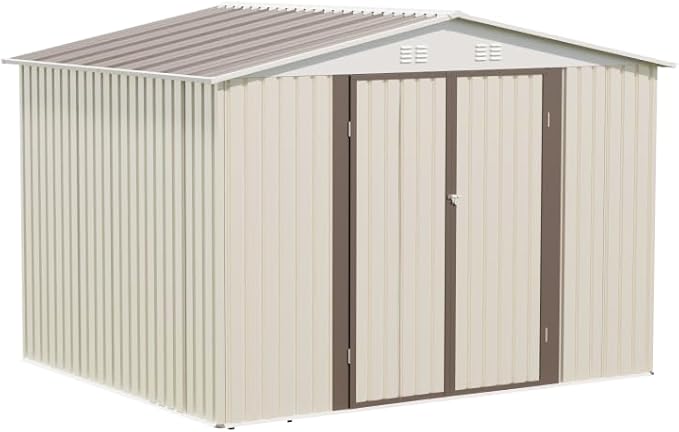 Heavy-Duty Outdoor Garden Shed with Aluminum Alloy Frame, Hinged Door, and Stable Foundation for Secure Storage (10x8 Feet White Garden Shed with Metal Base)