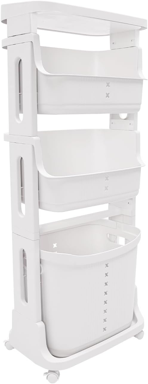 4-Layer Laundry Basket,PP Laundry Basket System Vertical Laundry Sorter with Wheel,Rolling Storage Holder Cart for Laundry Rooms, Bathrooms, Toilets (White)
