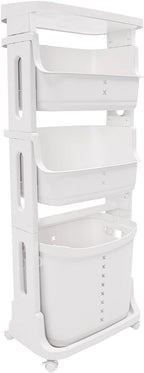 4-Layer Laundry Basket,PP Laundry Basket System Vertical Laundry Sorter with Wheel,Rolling Storage Holder Cart for Laundry Rooms, Bathrooms, Toilets (White)
