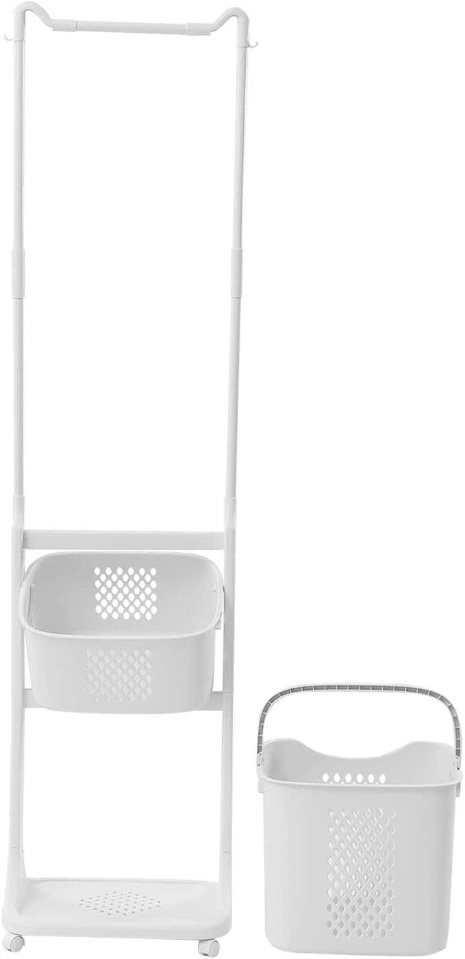 Laundry Sorter Cart with Hanging Rack, 2 Section Laundry Hamper Rack Shelf, Multi-layer Rolling Laundry Basket Clothes Storage Shelf Stand with Wheels, for Bathroom Household Kitchen, White