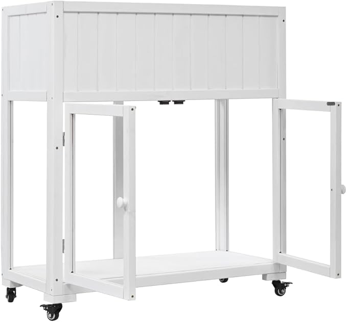 Patio 35.4''x17.7''x37.4'' Mini Wood Cold Frame, Compact 2 Doors Garden Greenhouse with Wheels, Raised Bed with Liner for Indoor Outdoor Use (White)