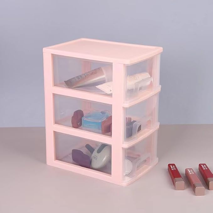 Gonice Small 3 Drawer Storage Organizer, Pink Plastic Drawer Storage, Small Desktop Organizer for Home, Office