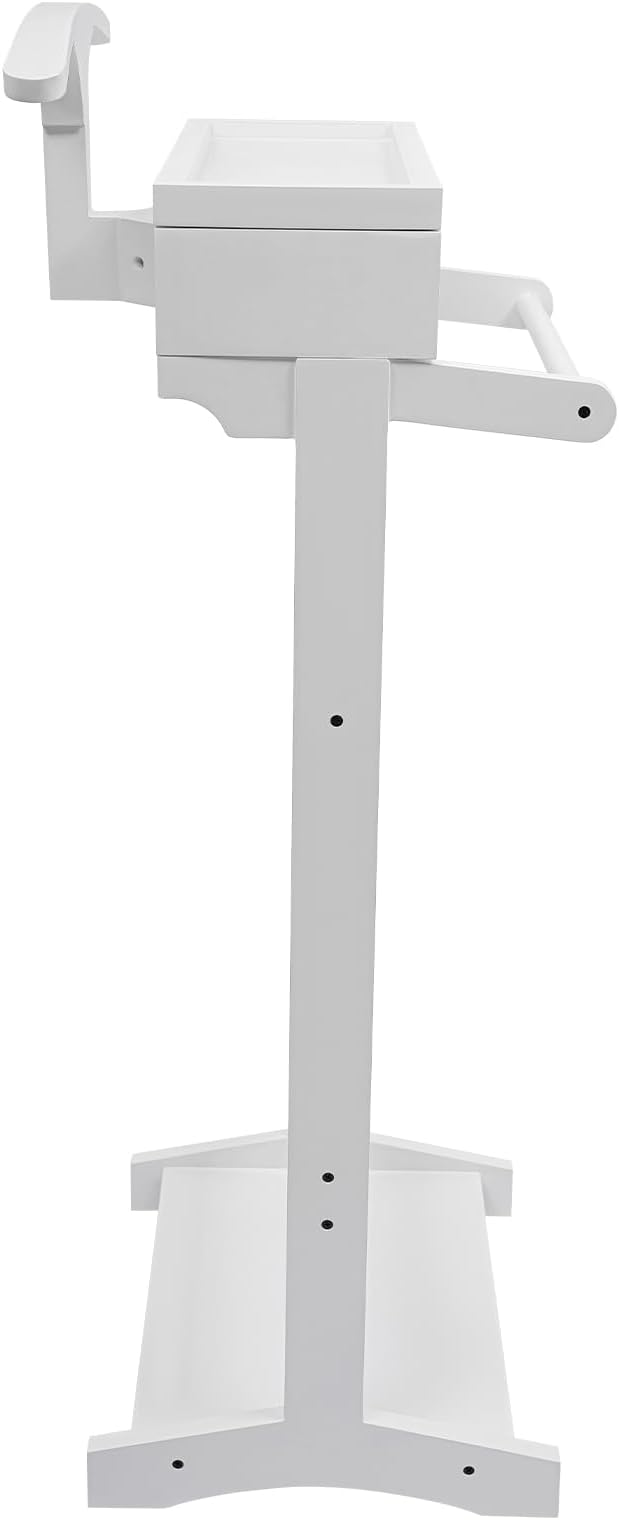 Wood Suit Rack Valet Stand for Men and Women, Freestanding Clothing Rack Organizer with Drawer & Base Vertical Suit Valet Stand for Hats, Bags, Clothes 22 lbs Capacity (White)