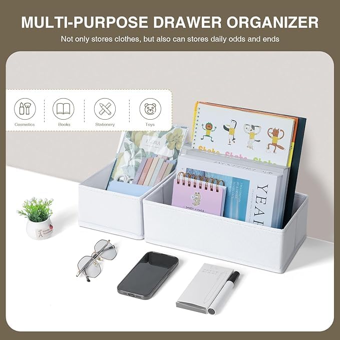 DIMJ Drawer Organizer Clothes, 6 Pack Fabric Drawer Organizer Bins, Foldable Baby Clothes Organizer & Dresser Organizer For Nursery, Clothes, Bedroom, Closet, Socks, Bra, Tie,White