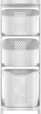 Laundry Basket, 3 Tier Sorter Clothes Storage Hampe Organizer Shelf Rolling Cart, Dirty Clothes Basket Laundry Basket with 4 360° Pulley, 55.12Lbs Load Porous Design