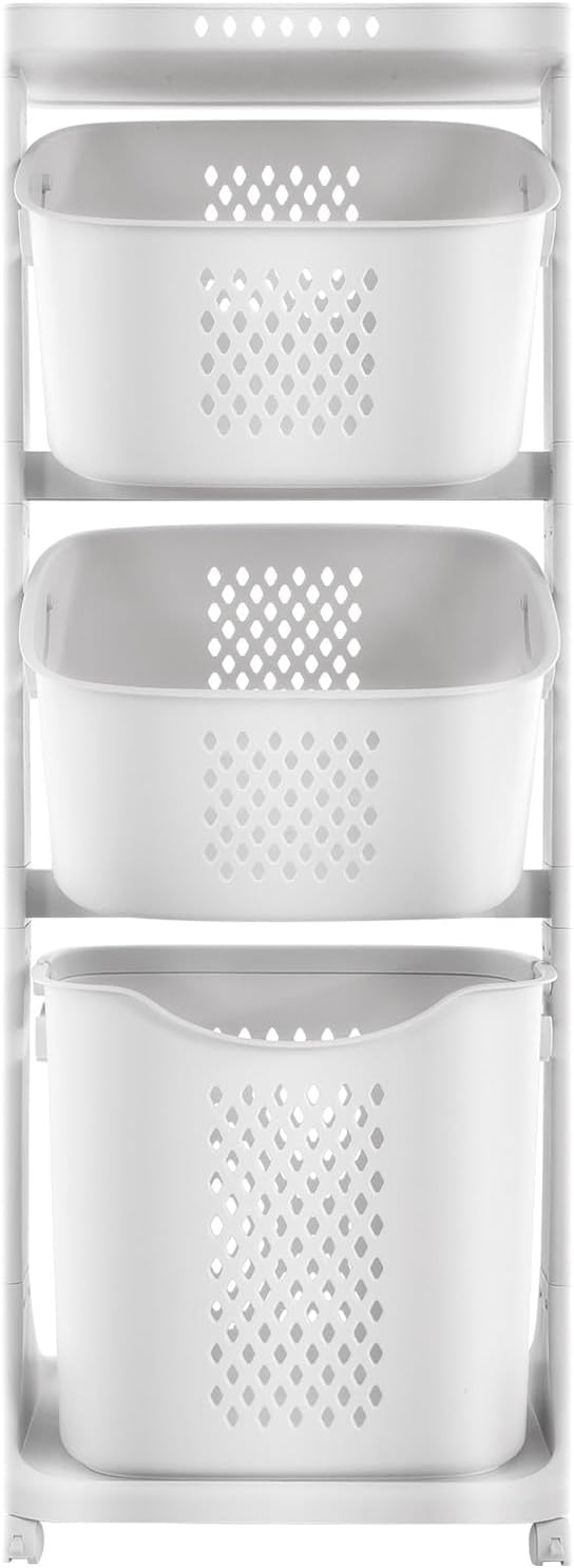 Laundry Basket, 3 Tier Sorter Clothes Storage Hampe Organizer Shelf Rolling Cart, Dirty Clothes Basket Laundry Basket with 4 360° Pulley, 55.12Lbs Load Porous Design