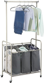 mDesign Portable Laundry Sorter with Wheels and Garment Hanging Bar - Heavy Duty Metal Cart System with 3 Hamper Laundry Sorter Basket Organizers and Drying Rack - Satin/Dark Charcoal Gray