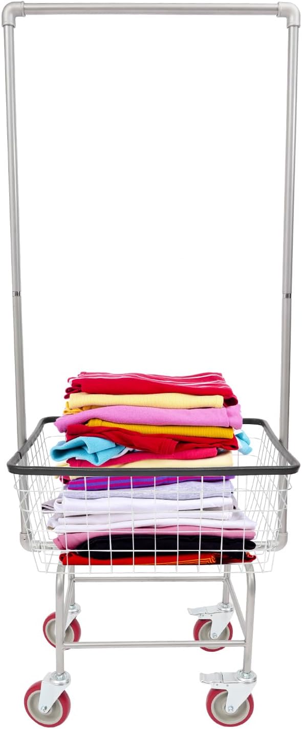 67"H Laundry Cart, Rolling Laundry Basket with Hanging Rack & Wheels, Metal Steel Wire Clothes Hamper with Storage Shelf for Homes, Hotels, Bathrooms & Commercial Laundry, 110lbs Capacity(B)