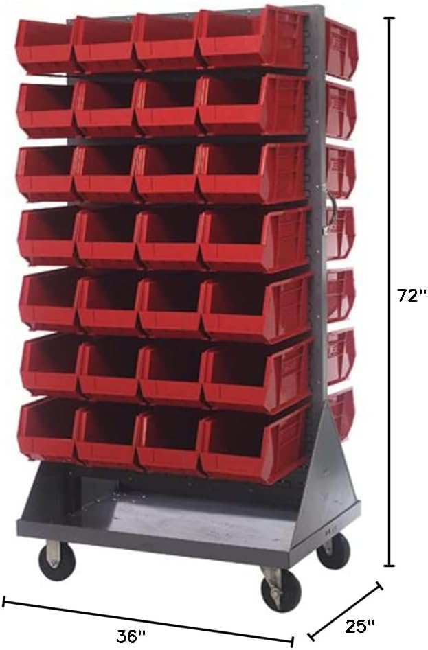 Quantum Storage Systems QMD-36H-240RD Mobile Double Sided Gray Louvered Rack System with Bins, 36” L x 25” W 72” H, Red