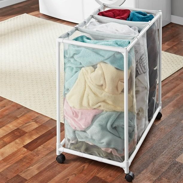 3 Bag Mesh Rolling Laundry Sorter Cart, Soft Silver –Detachable Net Bag, Tool-free Assembly