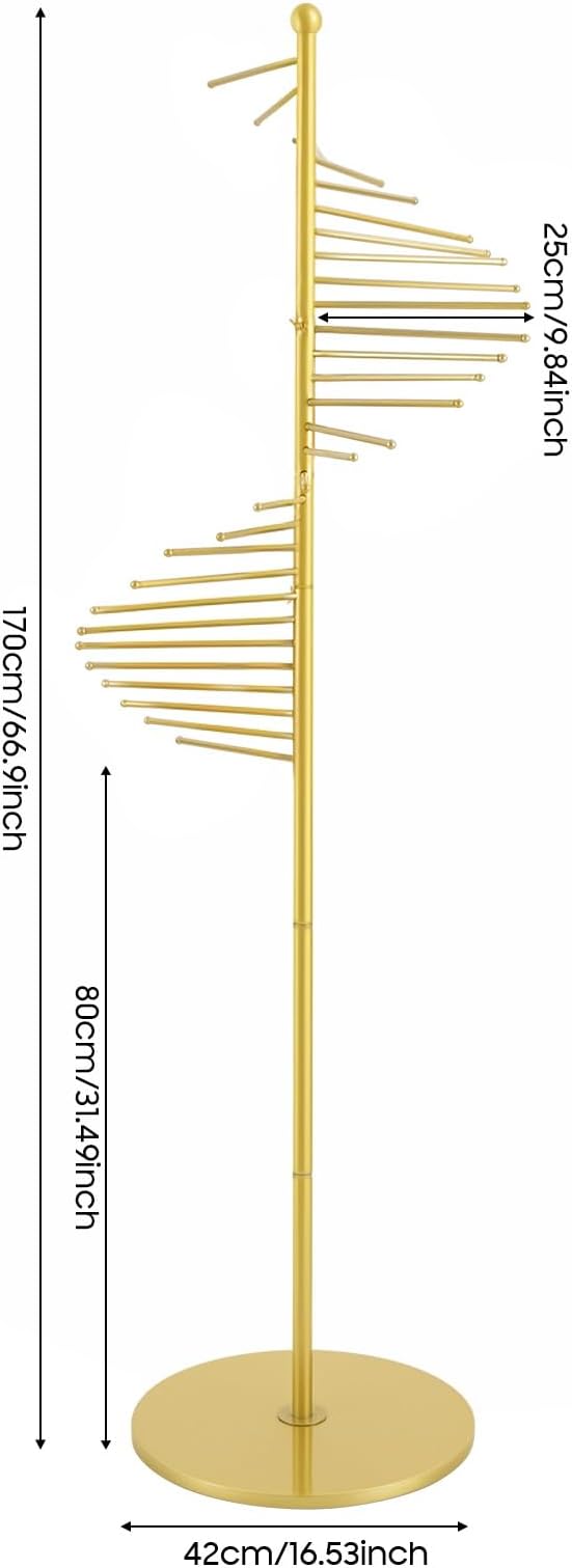 Scarf Organizer Stand, 67" Freestanding Scarf Display Rack with 30 Rods, Metal Spiral Scarf Holder Belt Pants Hanger for Commercial Clothing Retail Store Home, Space Saving Shelves(Gold)