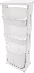 4-Layer Laundry Basket,PP Laundry Basket System Vertical Laundry Sorter with Wheel,Rolling Storage Holder Cart for Laundry Rooms, Bathrooms, Toilets (White)