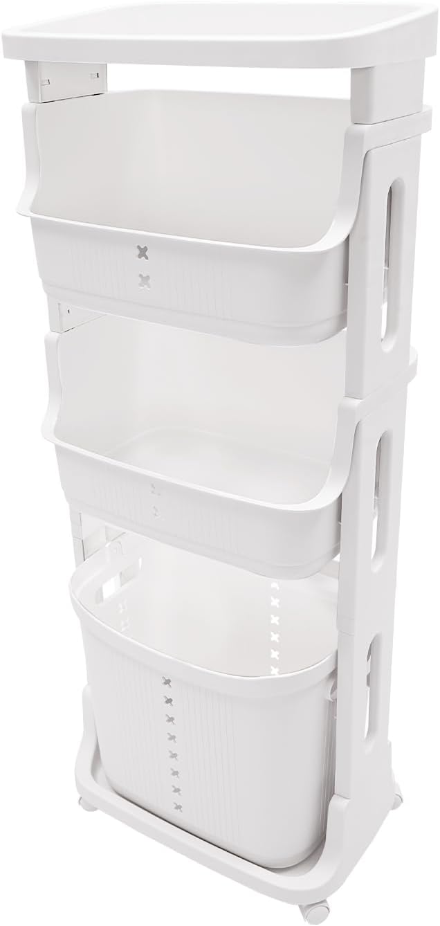 4-Layer Laundry Basket,PP Laundry Basket System Vertical Laundry Sorter with Wheel,Rolling Storage Holder Cart for Laundry Rooms, Bathrooms, Toilets (White)
