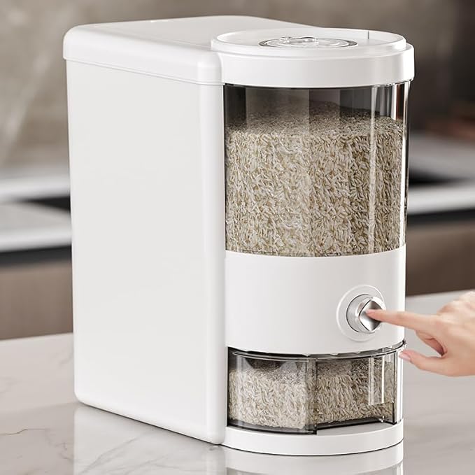 12 Lbs Rice Container with Measuring Cup, Upgraded Built-in Fresh Box, Cereal Dispenser Storage with Lids for Home Kitchen Pantry Rice Soybean Corn And large grain grains-White