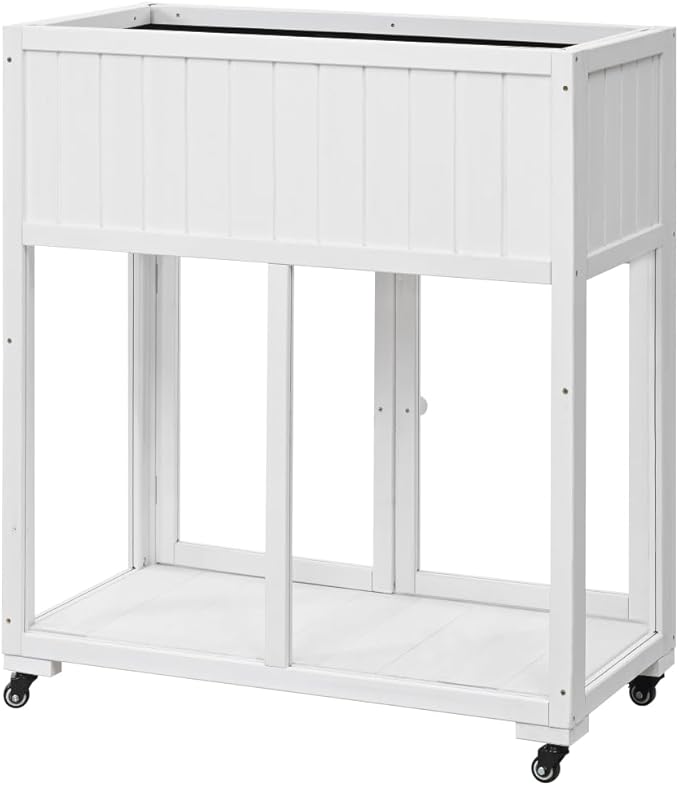 Patio 35.4''x17.7''x37.4'' Mini Wood Cold Frame, Compact 2 Doors Garden Greenhouse with Wheels, Raised Bed with Liner for Indoor Outdoor Use, White