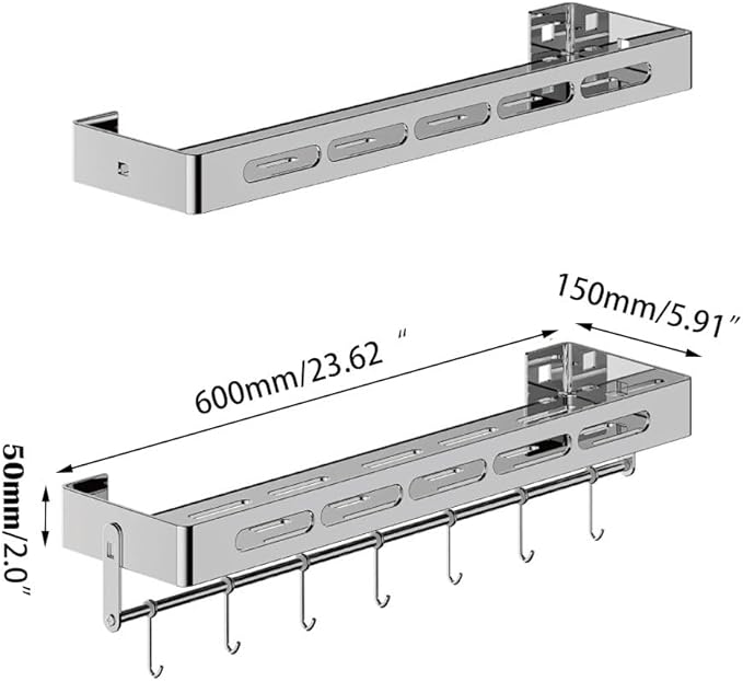 2-Tier Floating Shelf with Removable Hooks, 23.6 inches, Stainless Steel Wall Mounted Bathroom Shelves，Polishing
