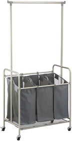 mDesign Portable Laundry Sorter with Wheels and Garment Hanging Bar - Heavy Duty Metal Cart System with 3 Hamper Laundry Sorter Basket Organizers and Drying Rack - Satin/Dark Charcoal Gray