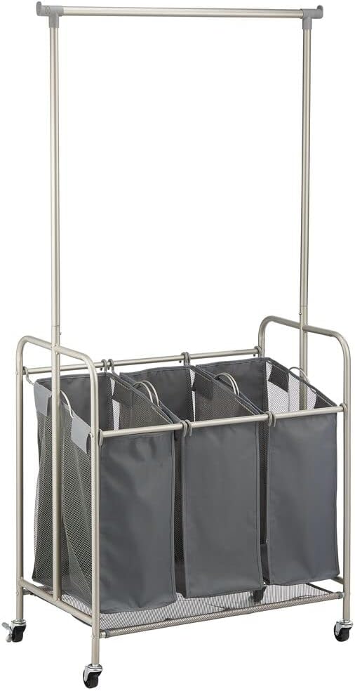 mDesign Portable Laundry Sorter with Wheels and Garment Hanging Bar - Heavy Duty Metal Cart System with 3 Hamper Laundry Sorter Basket Organizers and Drying Rack - Satin/Dark Charcoal Gray
