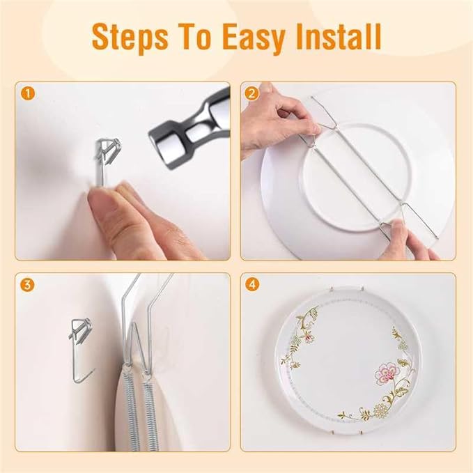 Bilillo 12 Pieces Invisible Wall Plate Hangers 10/12/14 Inches Wall Plate Hangers Stainless Steel Decorative with 12 Pieces Hook with Nails Suitable for 8-16 inch Decorative Antique and Arts(Silver)