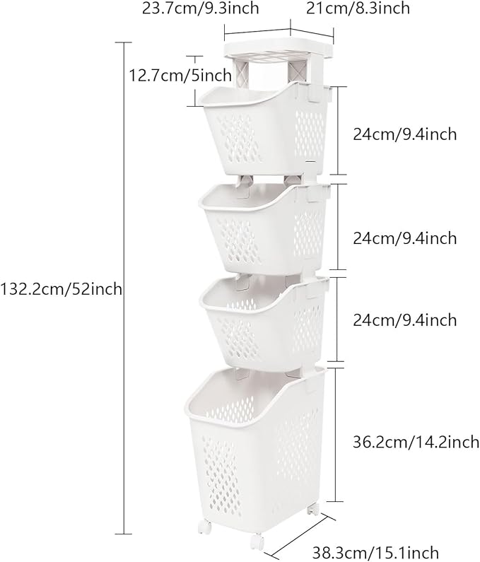Laundry Hamper Basket Sorter, Multi-Tier PP Laundry Sorter Cart with 4 Wheels, Removable Rolling Laundry Baskets, Heightened Fence, Elevated Bottom (4-Tiers 15.1x52in)