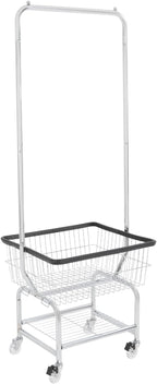 70"H Laundry Cart, Rolling Laundry Basket with Hanging Rack & Wheels, Metal Steel Wire Clothes Hamper with Storage Shelf for Homes, Hotels, Bathrooms & Commercial Laundry, 110lbs Capacity(D)