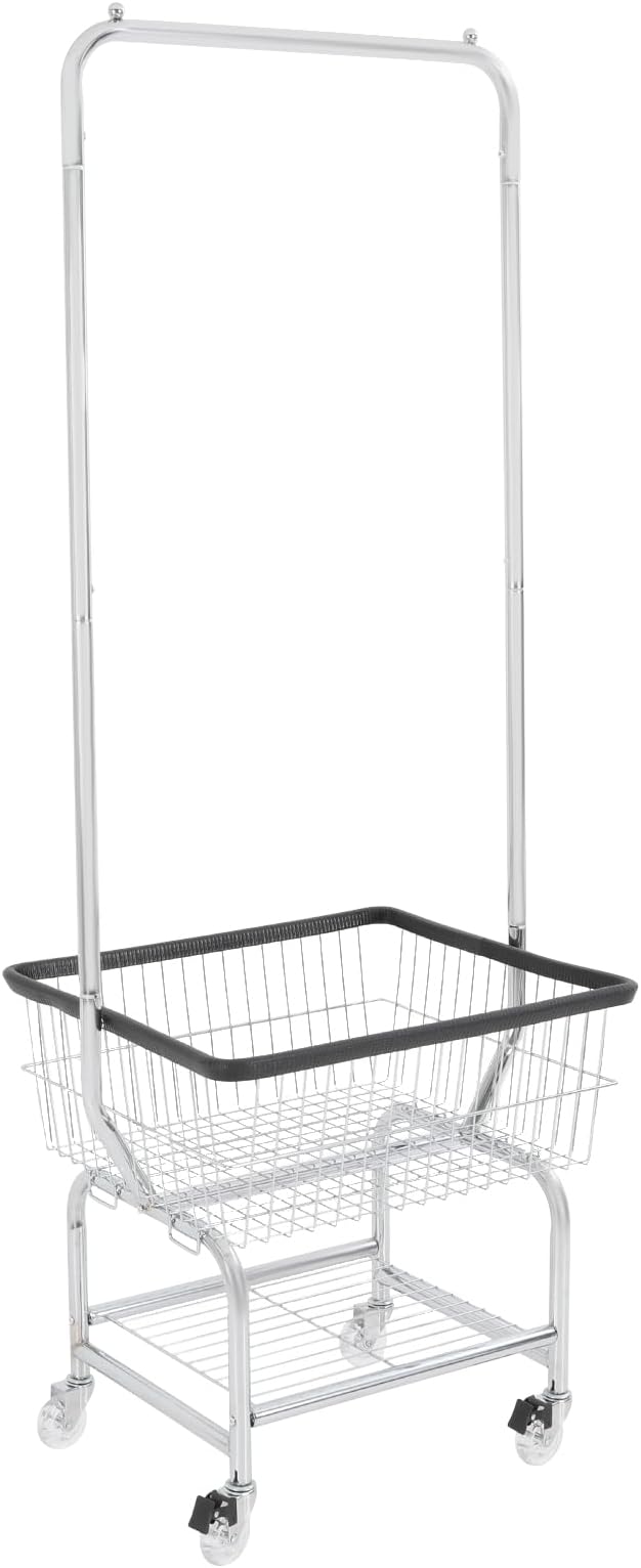 70"H Laundry Cart, Rolling Laundry Basket with Hanging Rack & Wheels, Metal Steel Wire Clothes Hamper with Storage Shelf for Homes, Hotels, Bathrooms & Commercial Laundry, 110lbs Capacity(D)