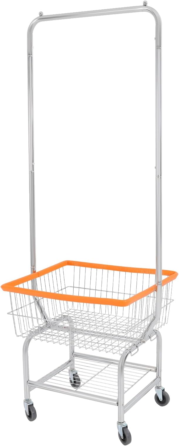 70"H Laundry Cart, Rolling Laundry Basket with Hanging Rack & Wheels, Metal Steel Wire Clothes Hamper with Storage Shelf for Homes, Hotels, Bathrooms & Commercial Laundry, 110lbs Capacity (C)