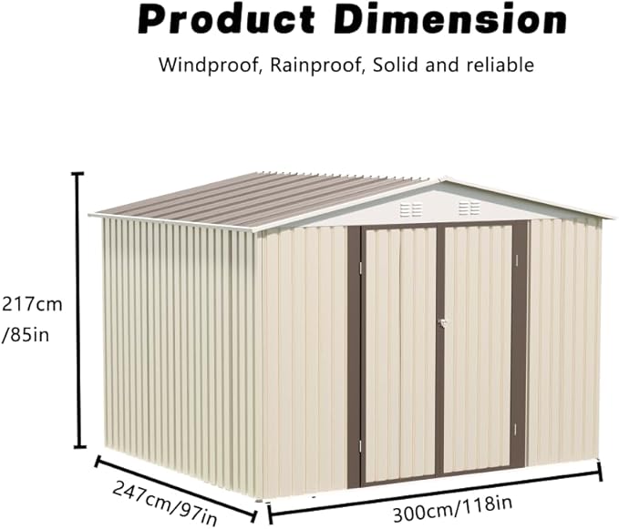 Heavy-Duty Outdoor Garden Shed with Aluminum Alloy Frame, Hinged Door, and Stable Foundation for Secure Storage (10x8 Feet White Garden Shed with Metal Base)
