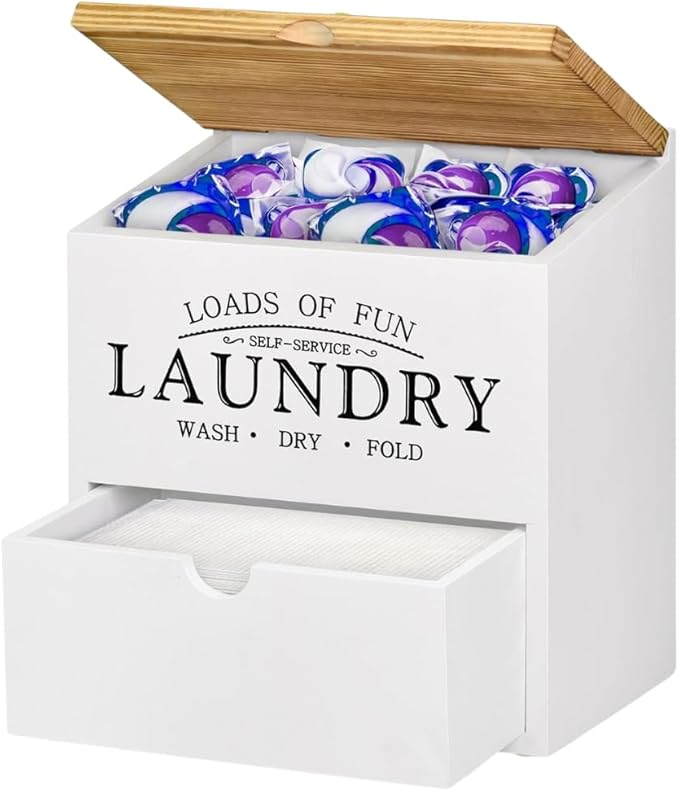 Wooden Laundry Pods Container - Multi-Use Laundry Containers for Organizing - Laundry Pod Dispenser - Detergent Pods & Dryer Sheet Container (White)