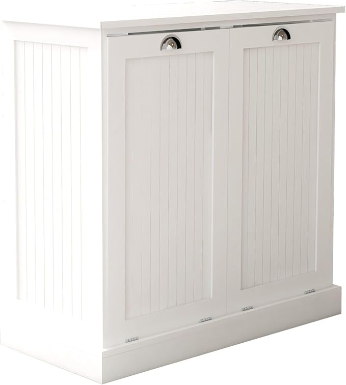 Two-Compartment Tilt-Out Laundry Sorter Cabinet with Removable Bags, E1 MDF Construction, UV Painted Finish, 32.68" L x 31.5" H, 100 Lbs Capacity, White