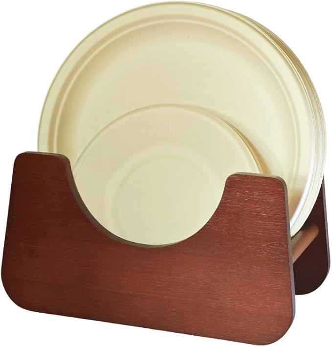 Paper Plate Dispenser，Wood Foam Plate Storage Organizer for 7-10 inch Disposable Plate,Paper Plate Holder for Kitchen Countertop or Outdoor Use
