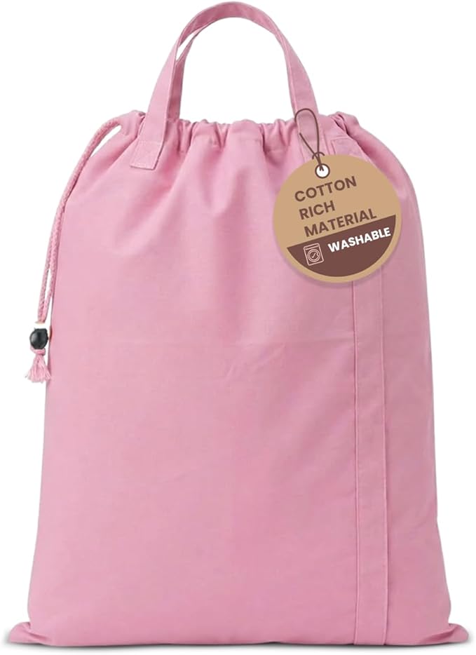 LFH Home Large Premium 1pack Cotton Canvas Laundry Bag with Drawstring and Handles Heavy Duty, Multi-Use, Washable for Home, Travel, College or Storage 28x40-Pink