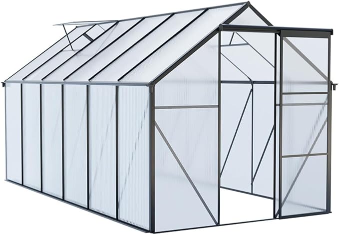 Polycarbonate Greenhouse with Rain Gutter and Roof Vent, Raised Base and Anchor Aluminum Heavy Duty Walk-in Green House, Outdoor Patio Sunroom with Sliding Door (Black, 122.44*74.8*76.77in)