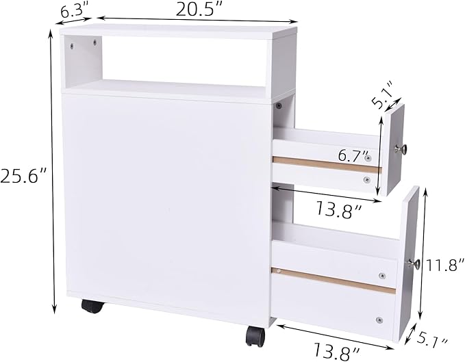 Toilet Paper Storage, Small Bathroom Storage Cabinet, Toilet Paper Holder, Slide Out Drawers and Roller for Small Space, Narrow Floor Bathroom Organizer, White