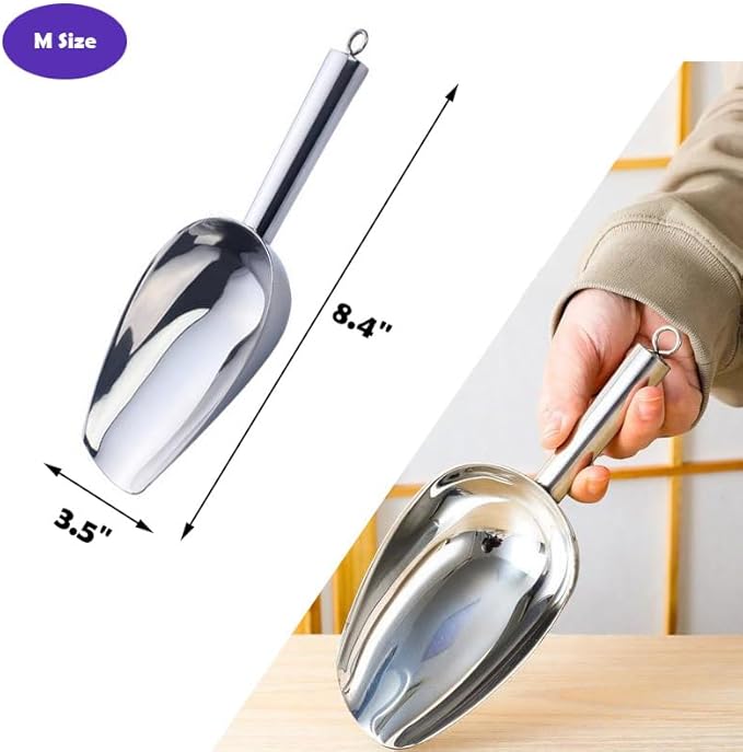 Set of 1 Ice Scoop, Stainless Steel Kitchen Ice Scoop for Canisters or Ice Maker, Food Scoops for Canisters, Freezer, Flour, Dry Foods, Coffee Beans, Pop Corn, Pet Dog Cat Food (Stainless Steel-M)